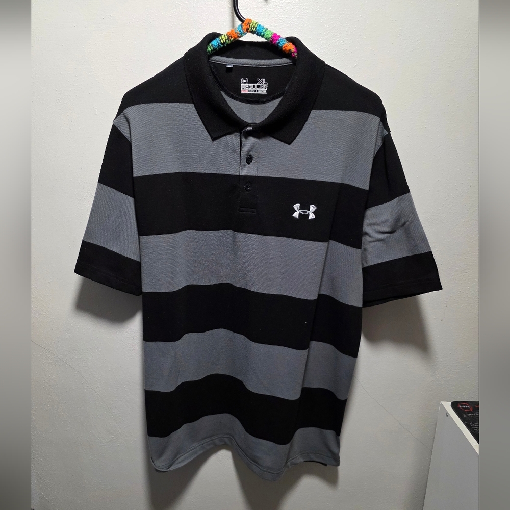 Under Armour Men's Black and Gray Striped Polo Shirt